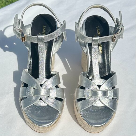NEW Saint Laurent Tribute Espadrille Wedge Sandals YSL Metallic Silver Italy 36 - Picture 3 of 16